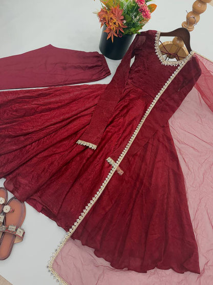 Crush Silk Real Mirror work Anarkali With Party Look