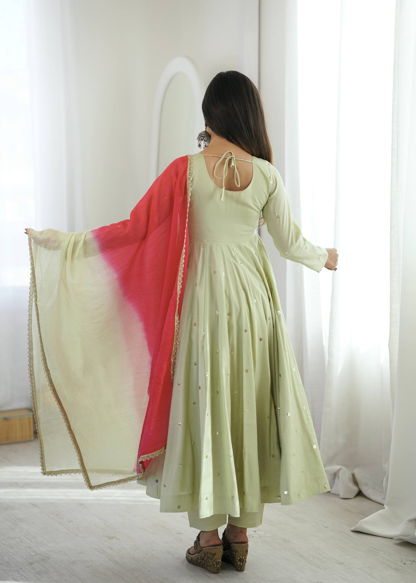 Roman Silk Embroidery Sequence & Real Mirror Work Gown
