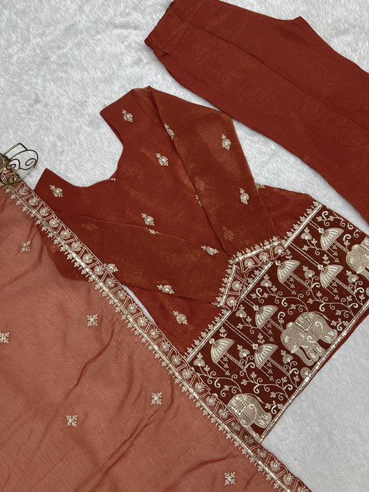 Crunchy Silk Embroidery Sequence & Jari Work Top Bottom