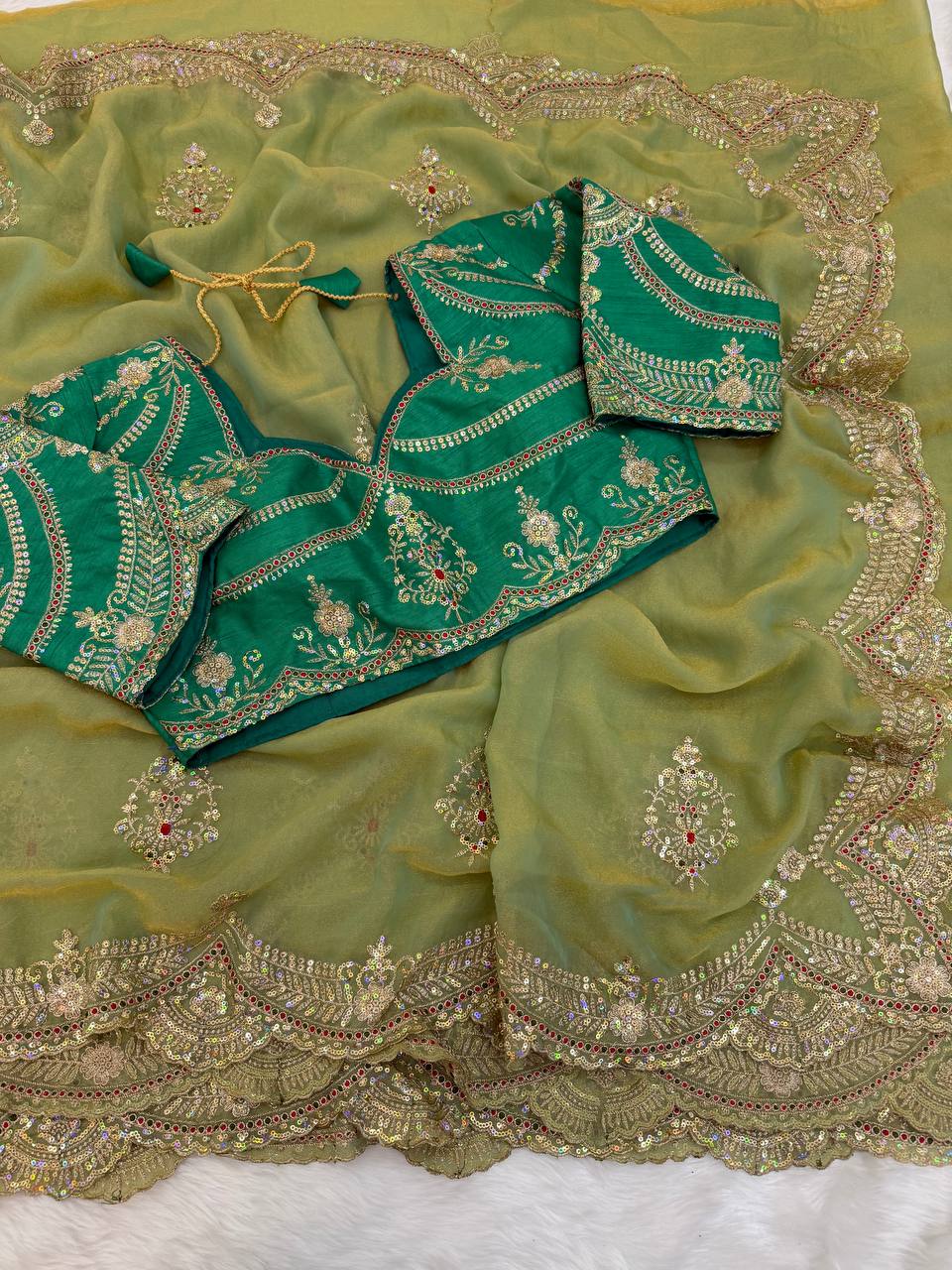 Premium Moss Chiffon Sequence Embroidery Work Saree
