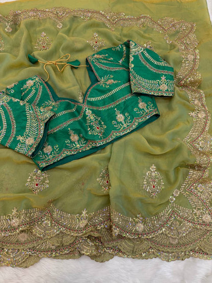 Premium Moss Chiffon Sequence Embroidery Work Saree