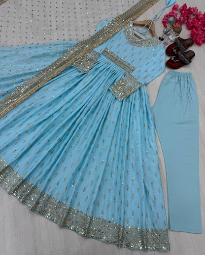 Heavy Pure Chinon Silk Embroidery Sequence Work Gown