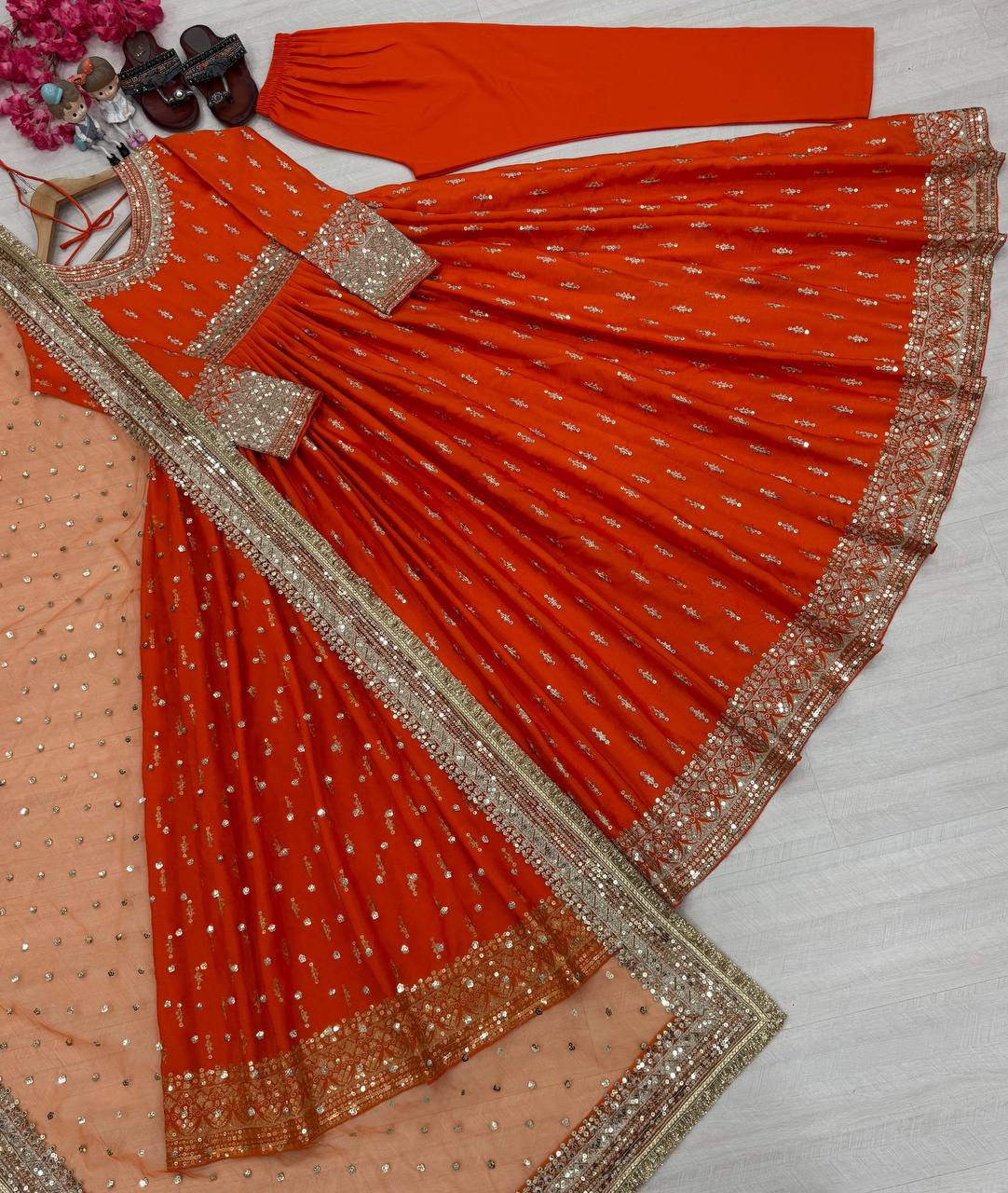 Heavy Pure Chinon Silk Embroidery Sequence Work Gown