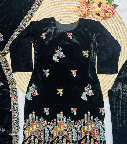 Black Color Havy Viscis Velvet Embroidery Work Top Pent