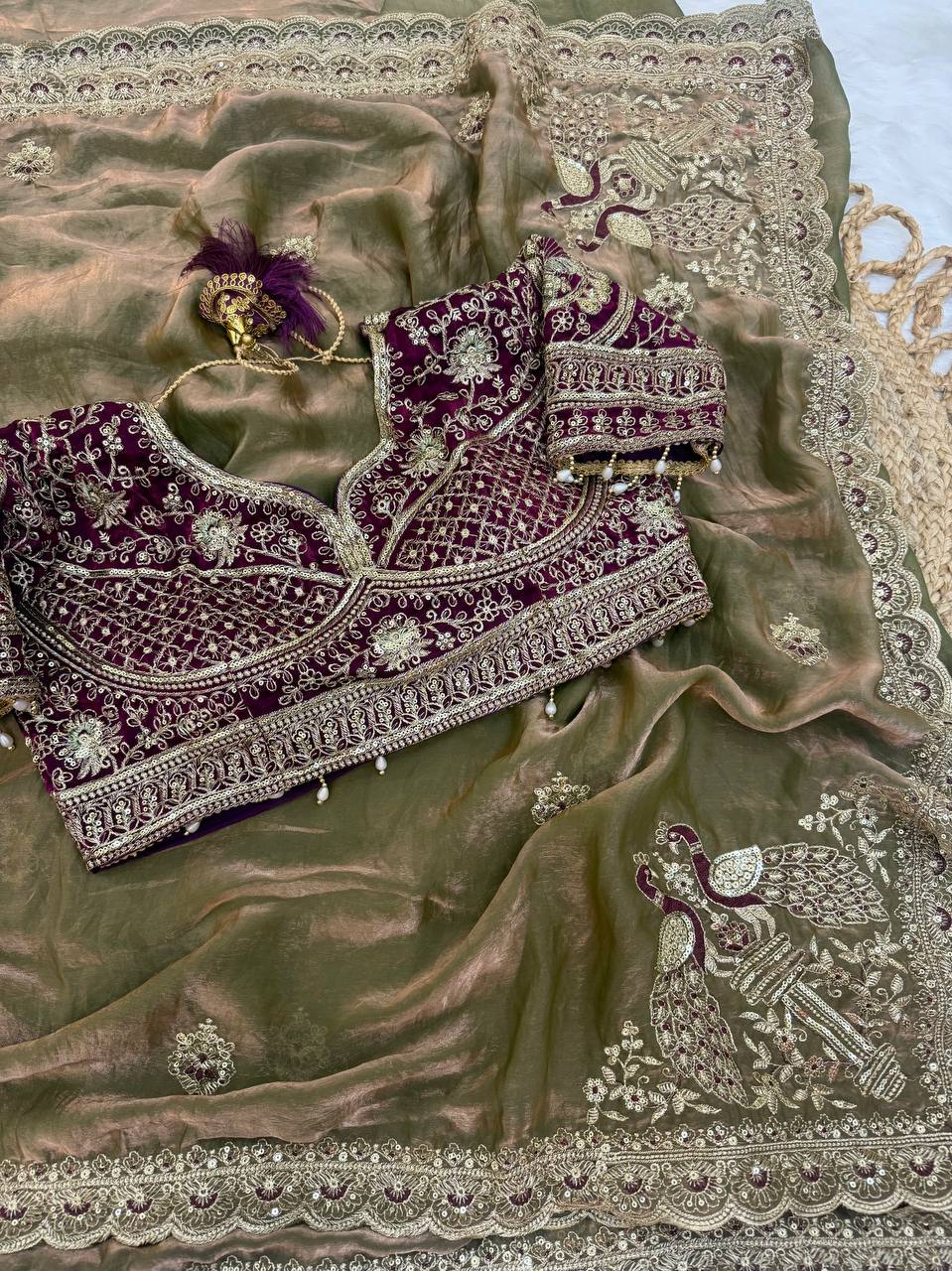 Space Satin Thread & Sequins Embroidery Work Saree