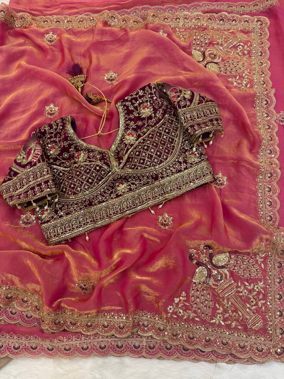 Space Satin Thread & Sequins Embroidery Work Saree
