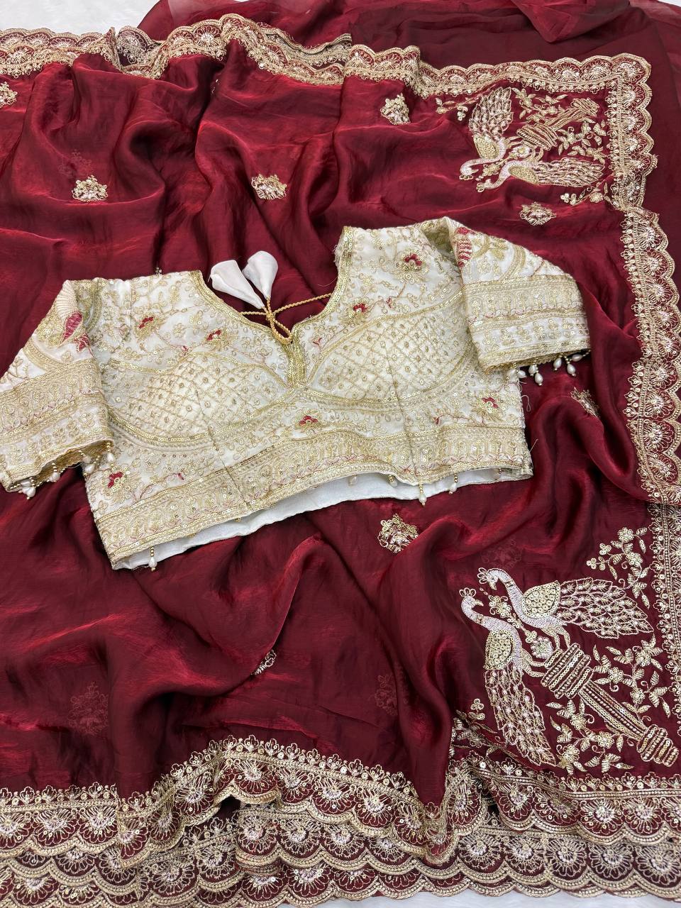 Space Satin Thread & Sequins Embroidery Work Saree