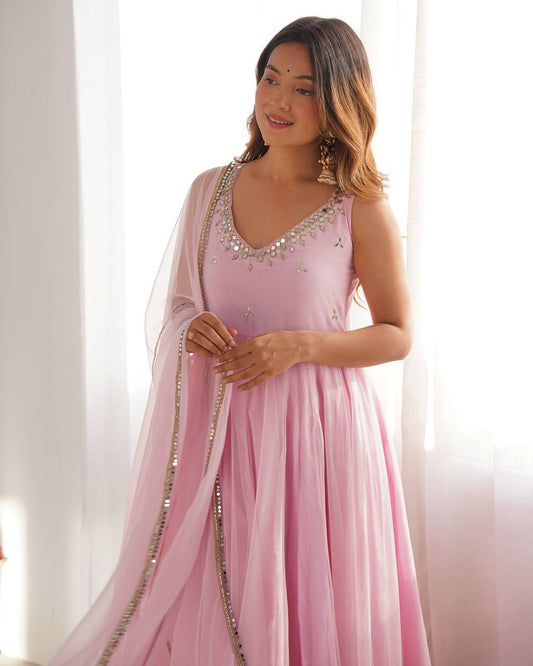 Georgette With Huge Flair And Butter SIlk Fabric With Mirror Lace Work Border Anarkali