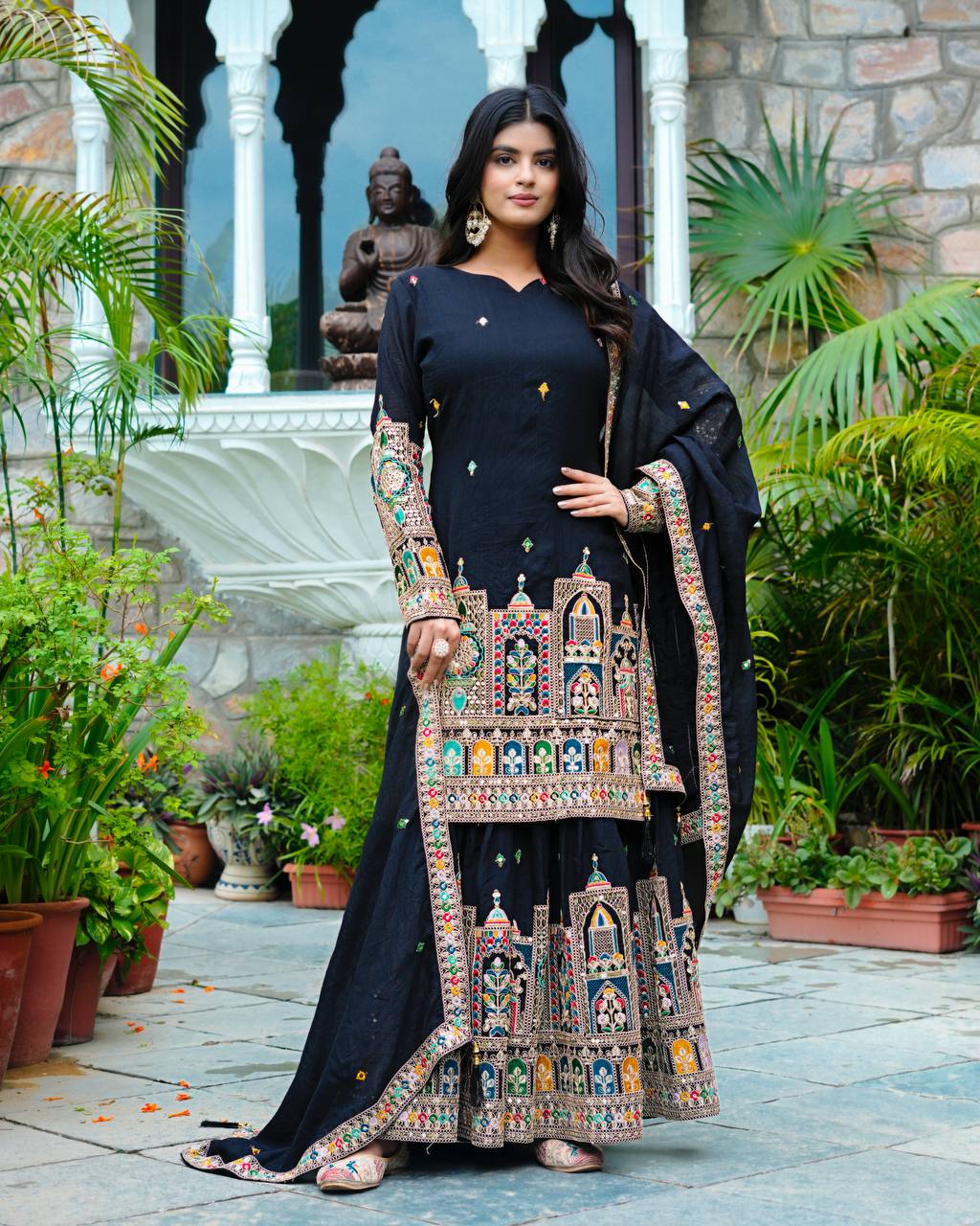 Pure Chinon Silk Heavy Embroidery Work Top Plazzo