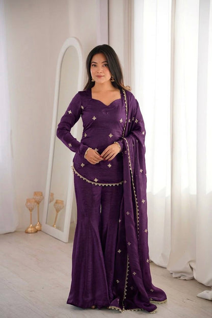 Beautiful Soft Fendy Silk With Embroidery Sequence Work Sharara Suit