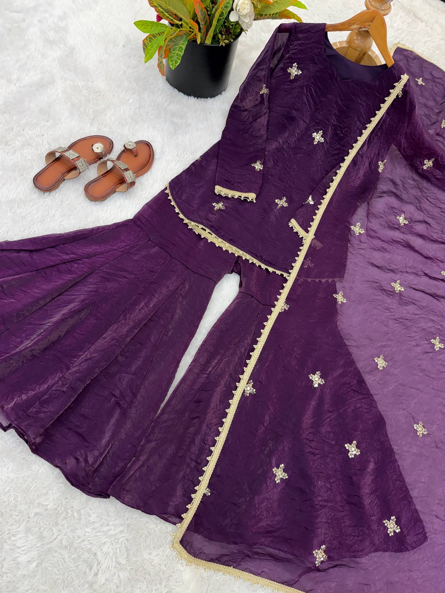Beautiful Soft Fendy Silk With Embroidery Sequence Work Sharara Suit