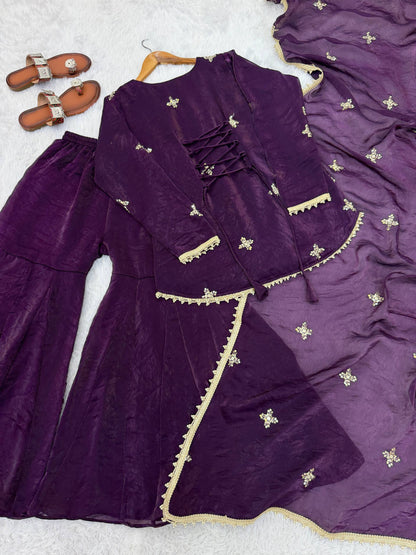 Beautiful Soft Fendy Silk With Embroidery Sequence Work Sharara Suit