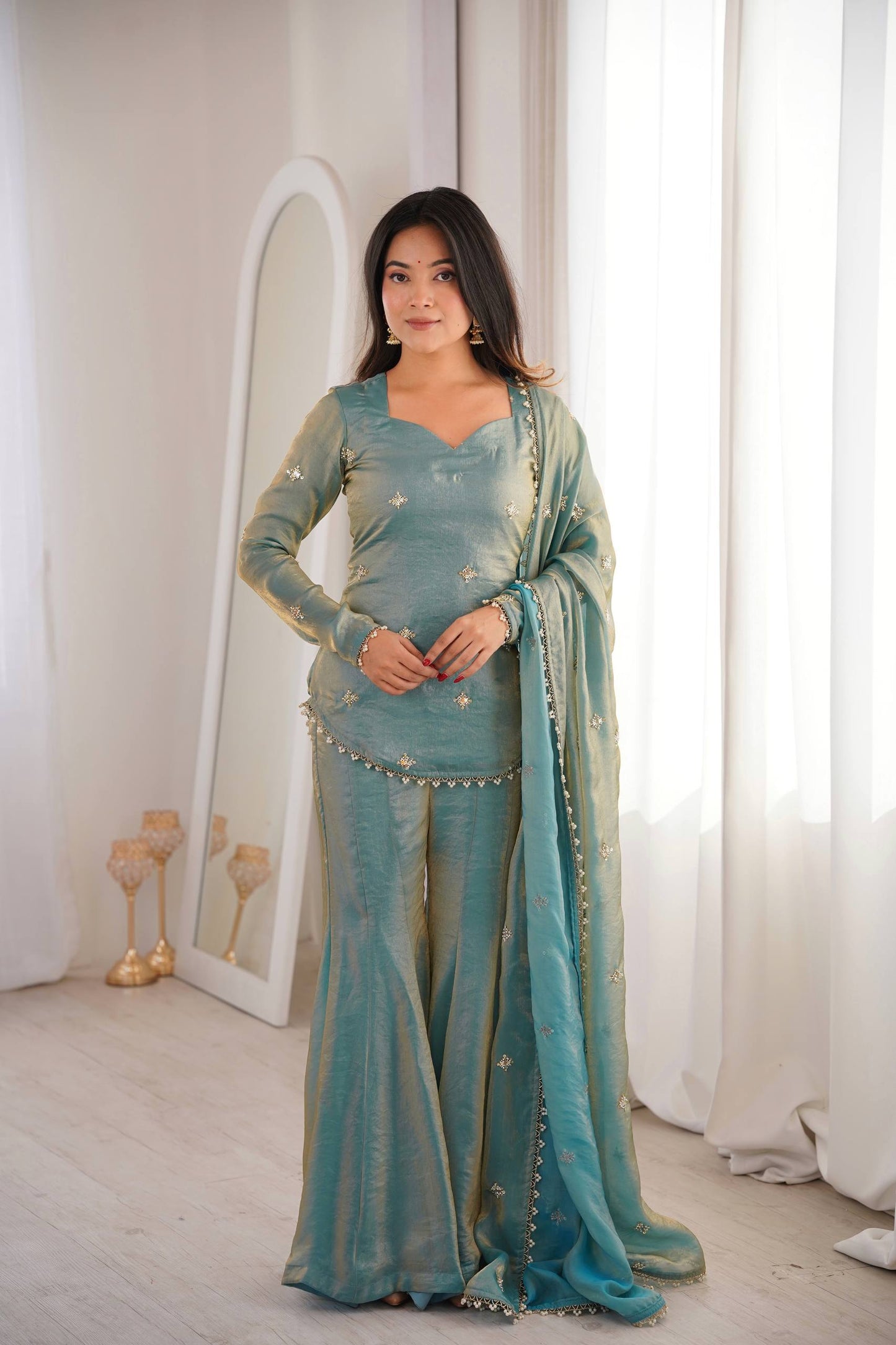 Beautiful Soft Fendy Silk With Embroidery Sequence Work Sharara Suit