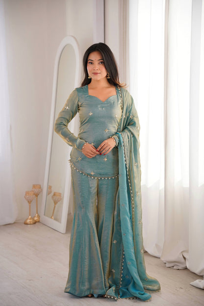 Beautiful Soft Fendy Silk With Embroidery Sequence Work Sharara Suit