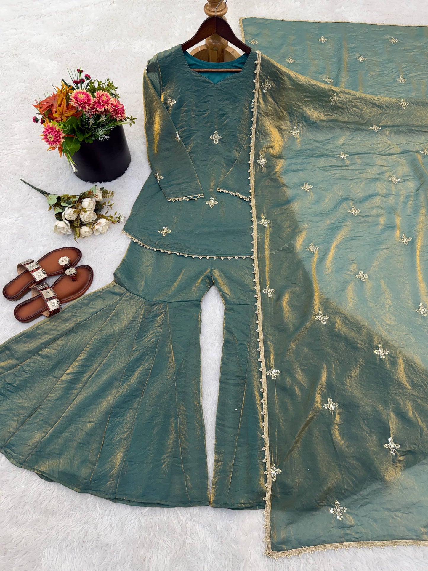 Beautiful Soft Fendy Silk With Embroidery Sequence Work Sharara Suit