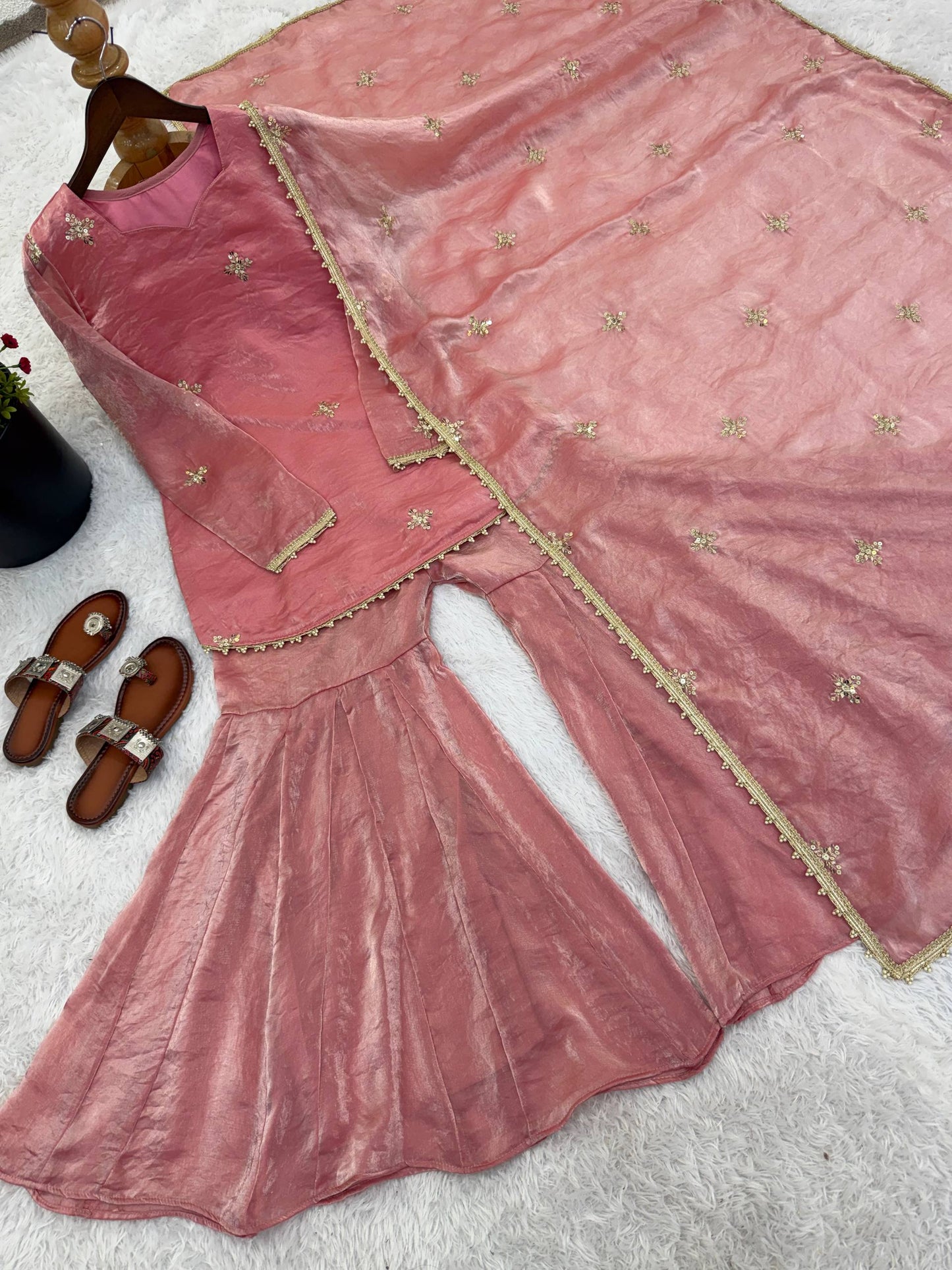 Beautiful Soft Fendy Silk With Embroidery Sequence Work Sharara Suit