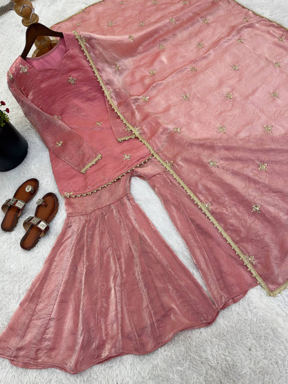 Beautiful Soft Fendy Silk With Embroidery Sequence Work Sharara Suit