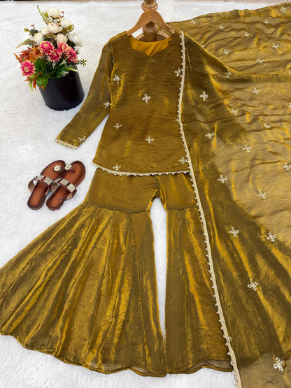 Beautiful Soft Fendy Silk With Embroidery Sequence Work Sharara Suit