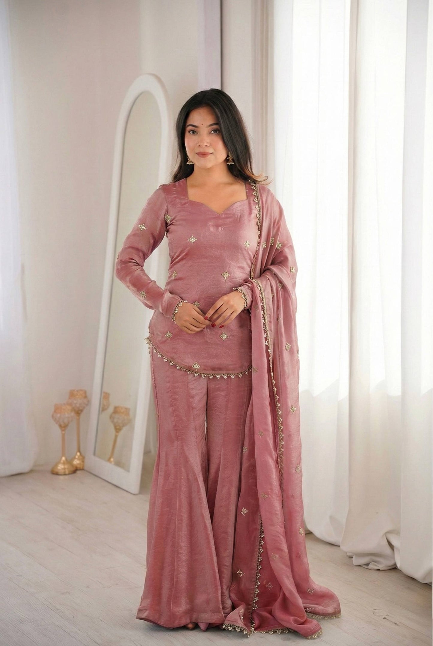 Beautiful Soft Fendy Silk With Embroidery Sequence Work Sharara Suit
