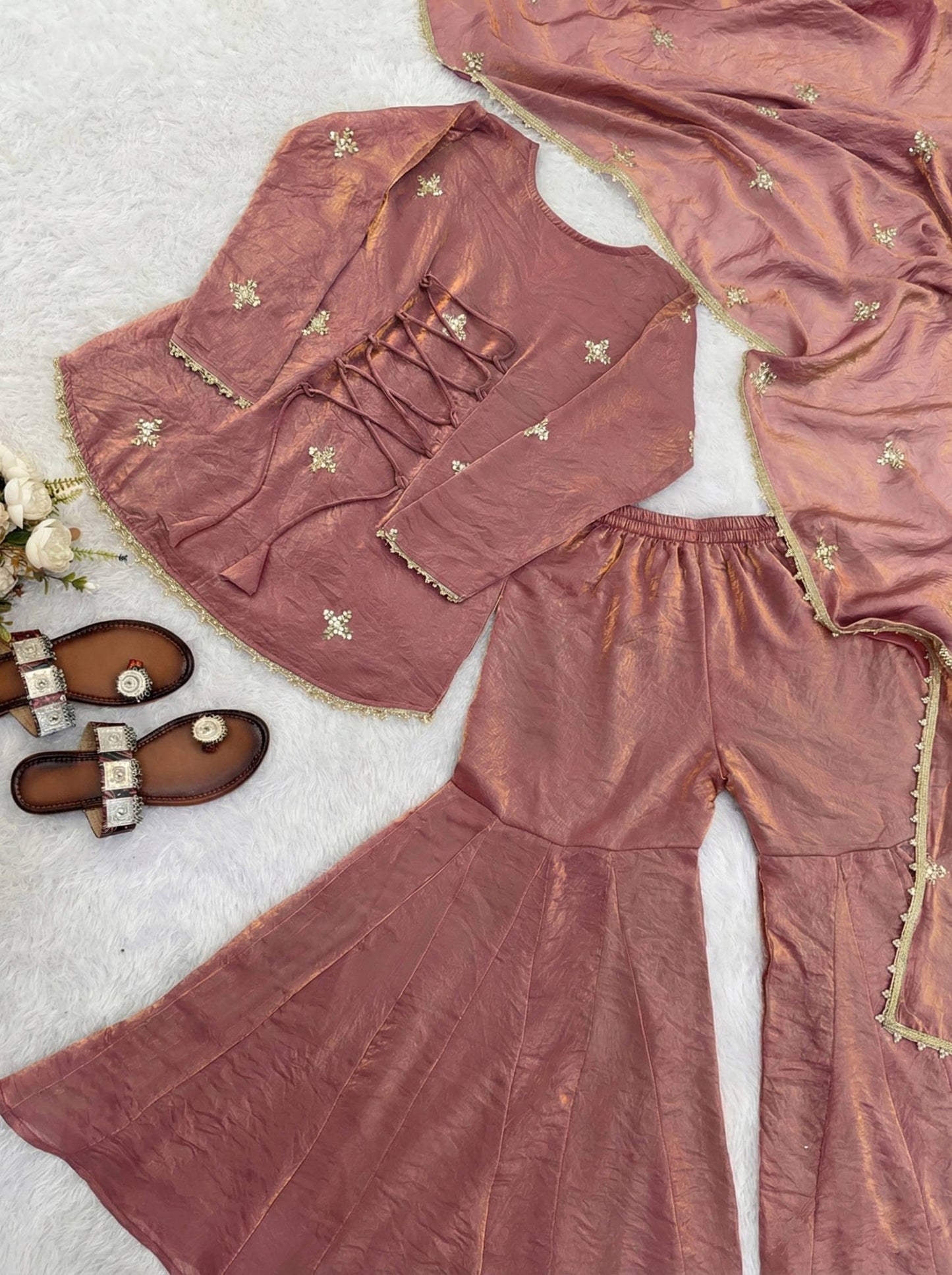Beautiful Soft Fendy Silk With Embroidery Sequence Work Sharara Suit