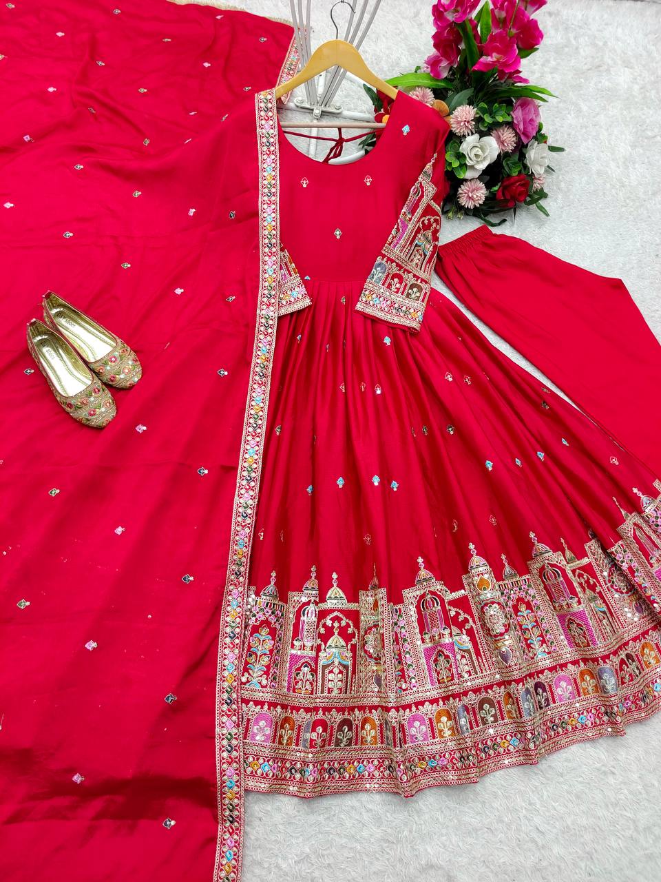 Red Color Coding Dori Work With Chinon Silk Gown