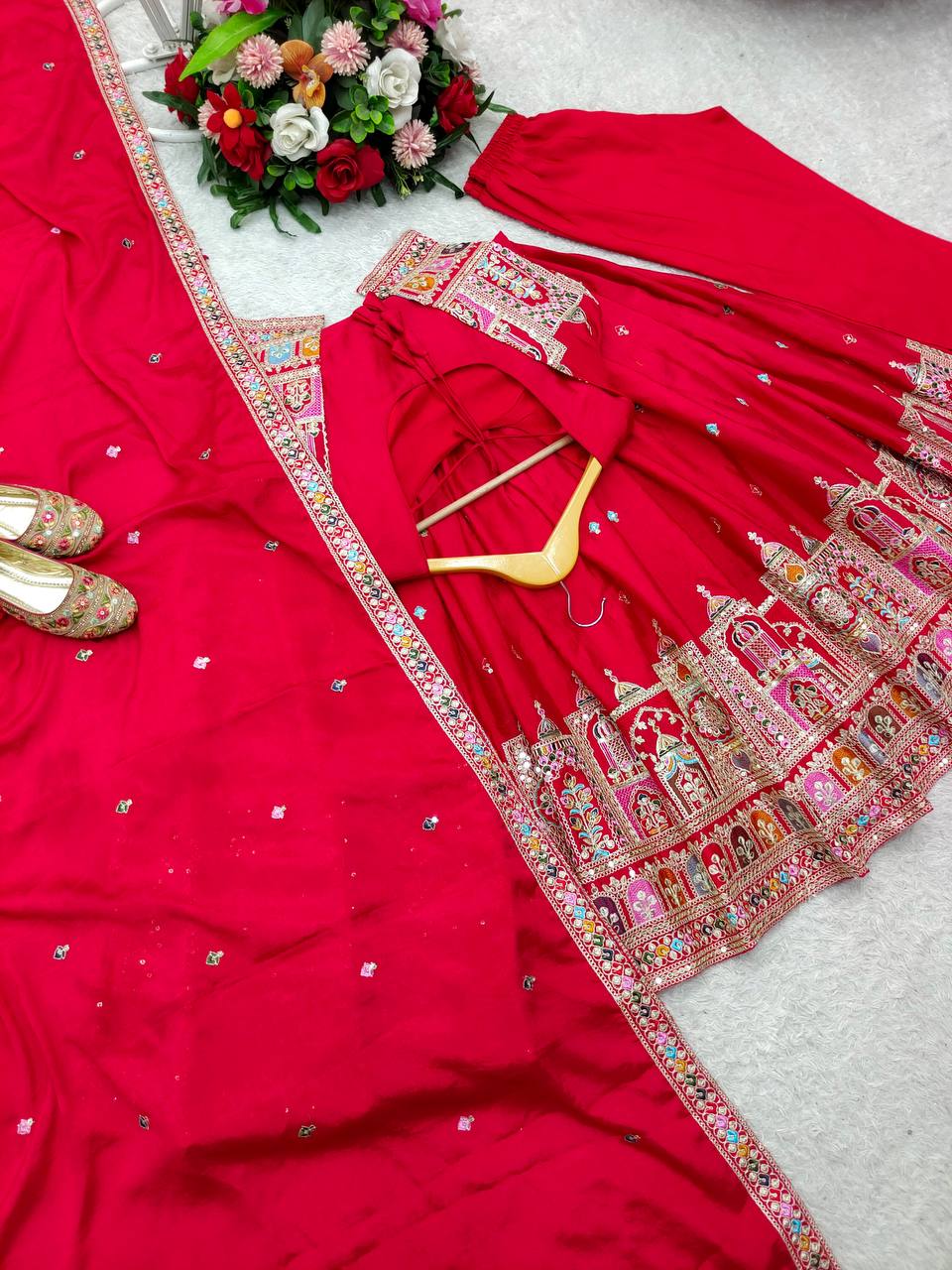 Red Color Coding Dori Work With Chinon Silk Gown