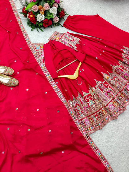 Red Color Coding Dori Work With Chinon Silk Gown