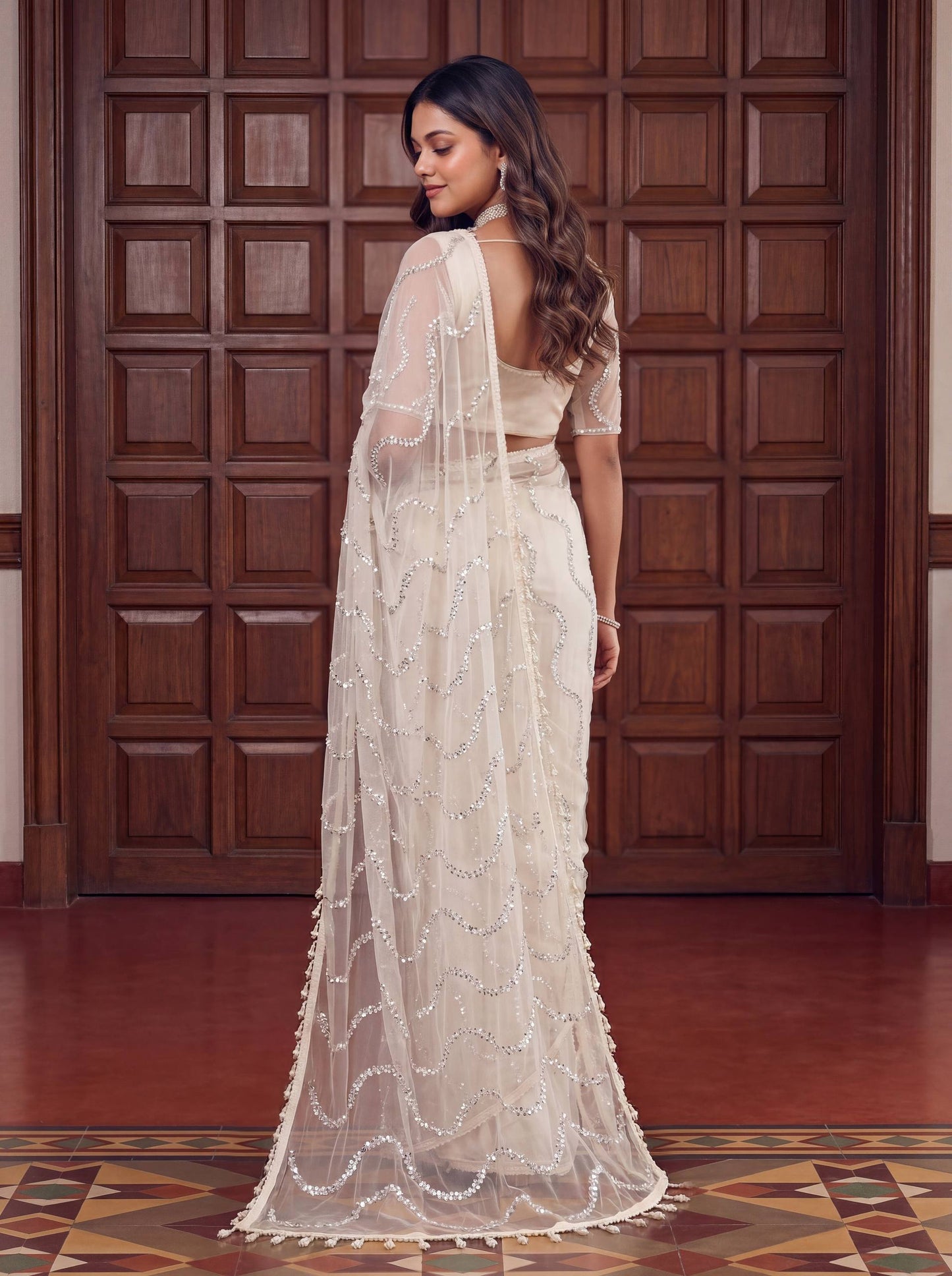 Beautiful Soft Rich Net Embroidery Sequence Pearl Work Saree