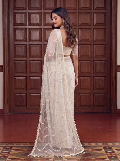 Beautiful Soft Rich Net Embroidery Sequence Pearl Work Saree
