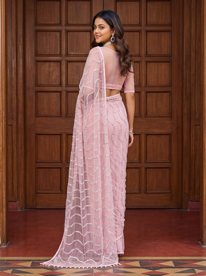 Beautiful Soft Rich Net Embroidery Sequence Pearl Work Saree