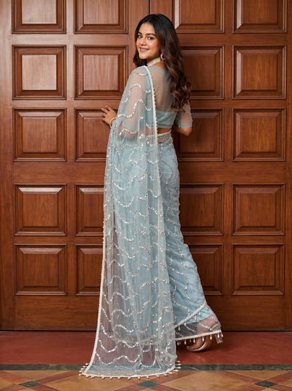 Beautiful Soft Rich Net Embroidery Sequence Pearl Work Saree