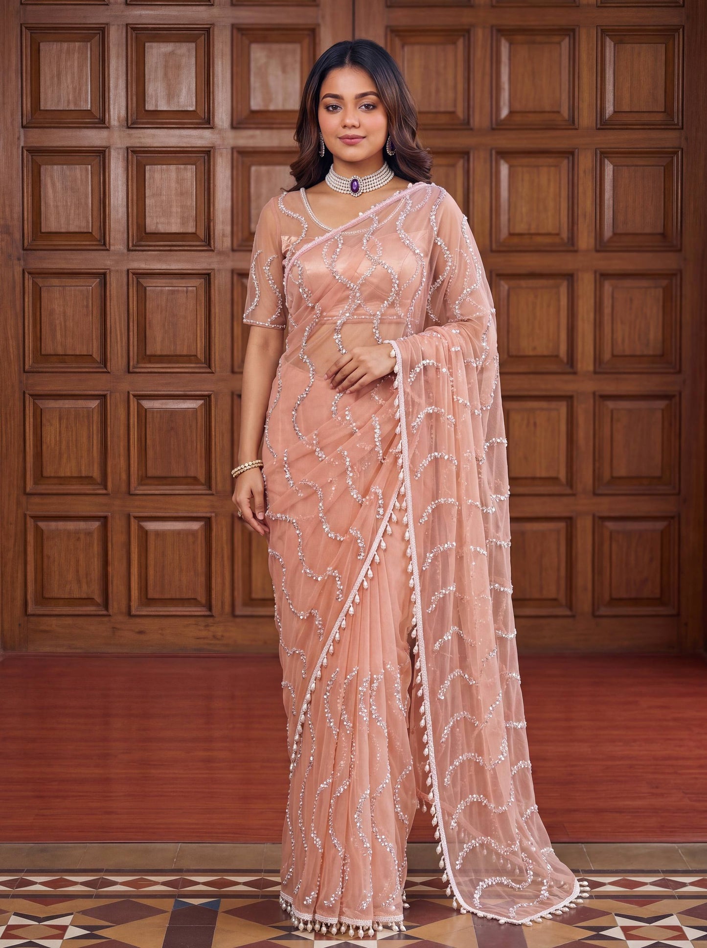 Beautiful Soft Rich Net Embroidery Sequence Pearl Work Saree