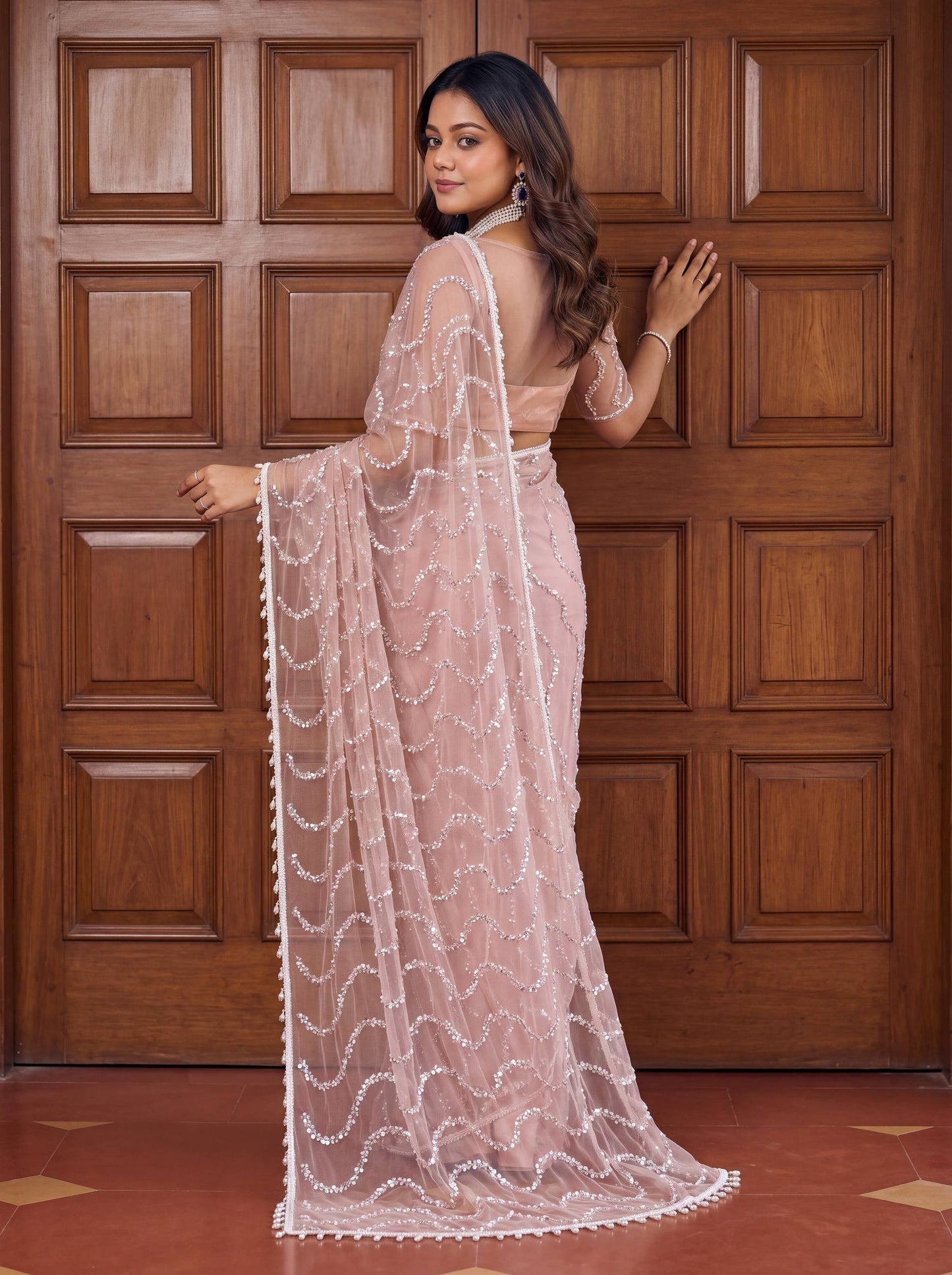 Beautiful Soft Rich Net Embroidery Sequence Pearl Work Saree
