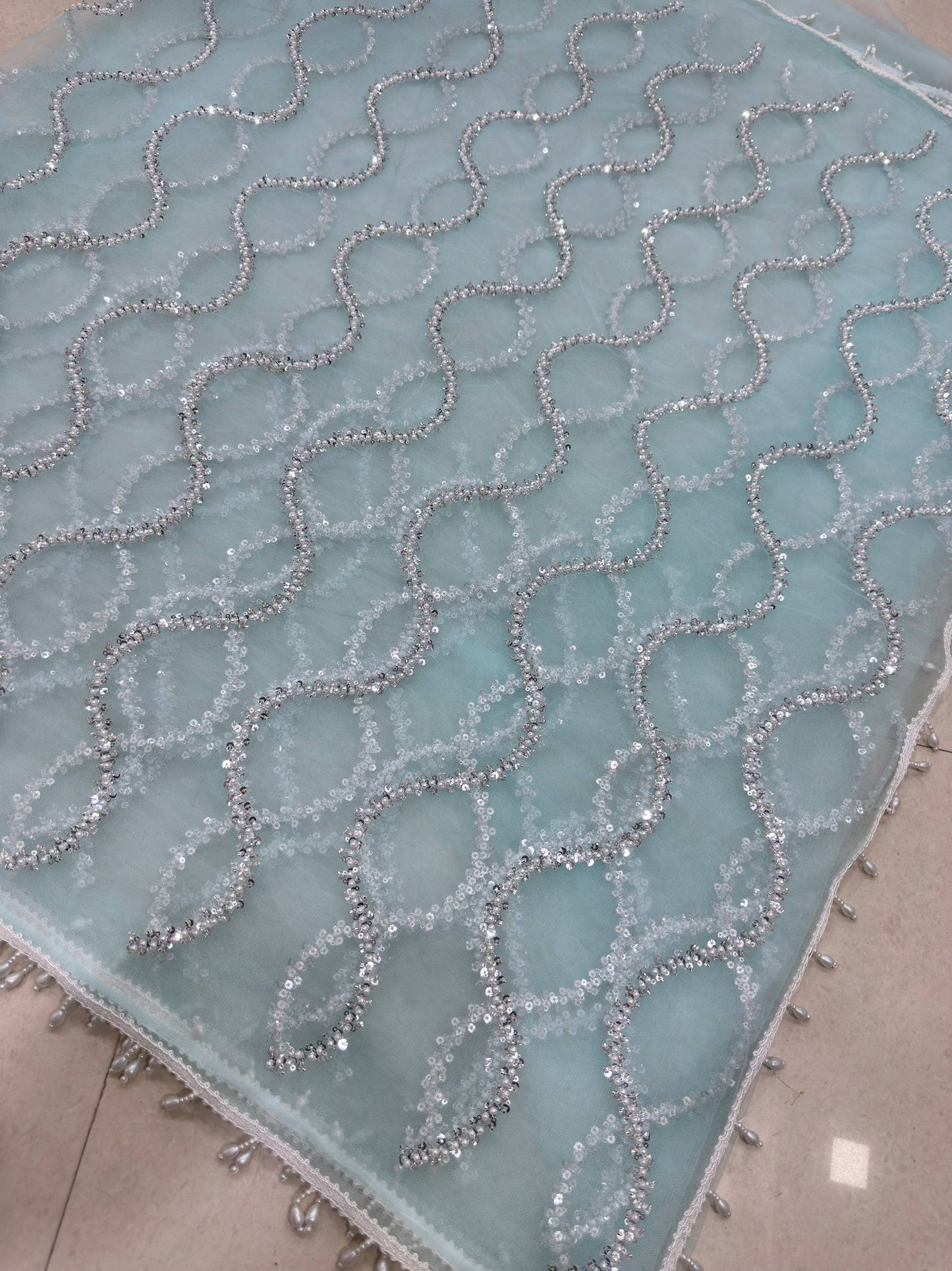 Beautiful Soft Rich Net Embroidery Sequence Pearl Work Saree