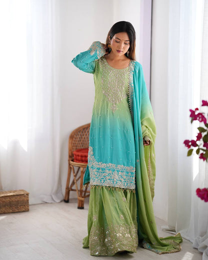 Eid Special With Coding Dori With Sequence Work And Chinnon Silk Rivet Moti Work Suit