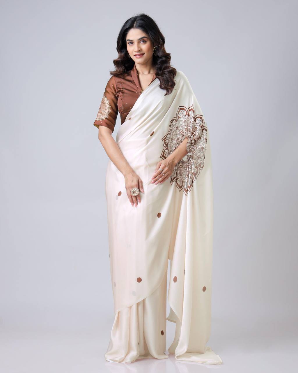 Japan Satin Digital Print Work And Ready Work Saree