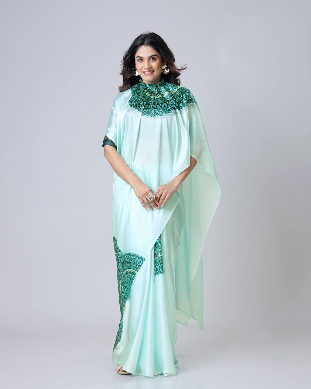 Japan Satin Digital Print Work And Ready Work Saree