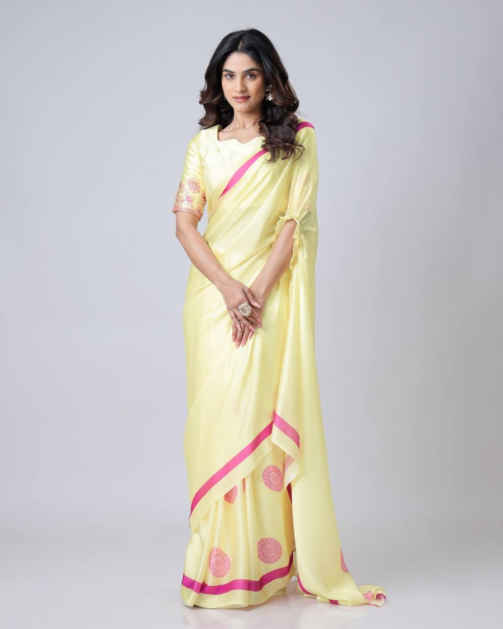 Japan Satin Digital Print Work And Ready Work Saree