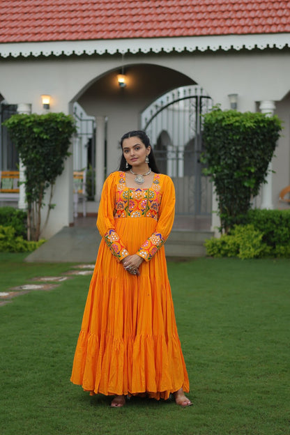 2025 NAVARATRI GOWN KUTCHI GAMTHI WORK WITH 12 METER FLAIR GOWN