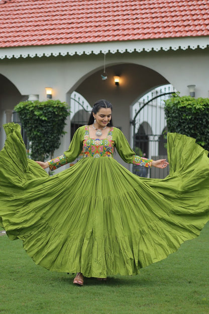 2025 NAVARATRI GOWN KUTCHI GAMTHI WORK WITH 12 METER FLAIR GOWN