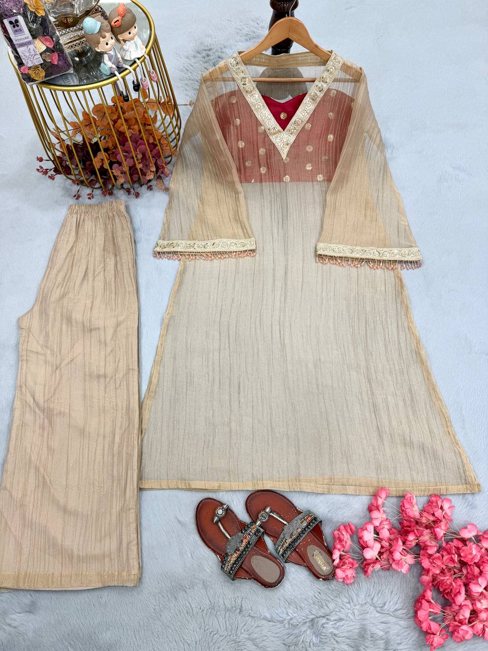 Pure Golden Tissue Embroidery Sequence Kurta Palazzo Set