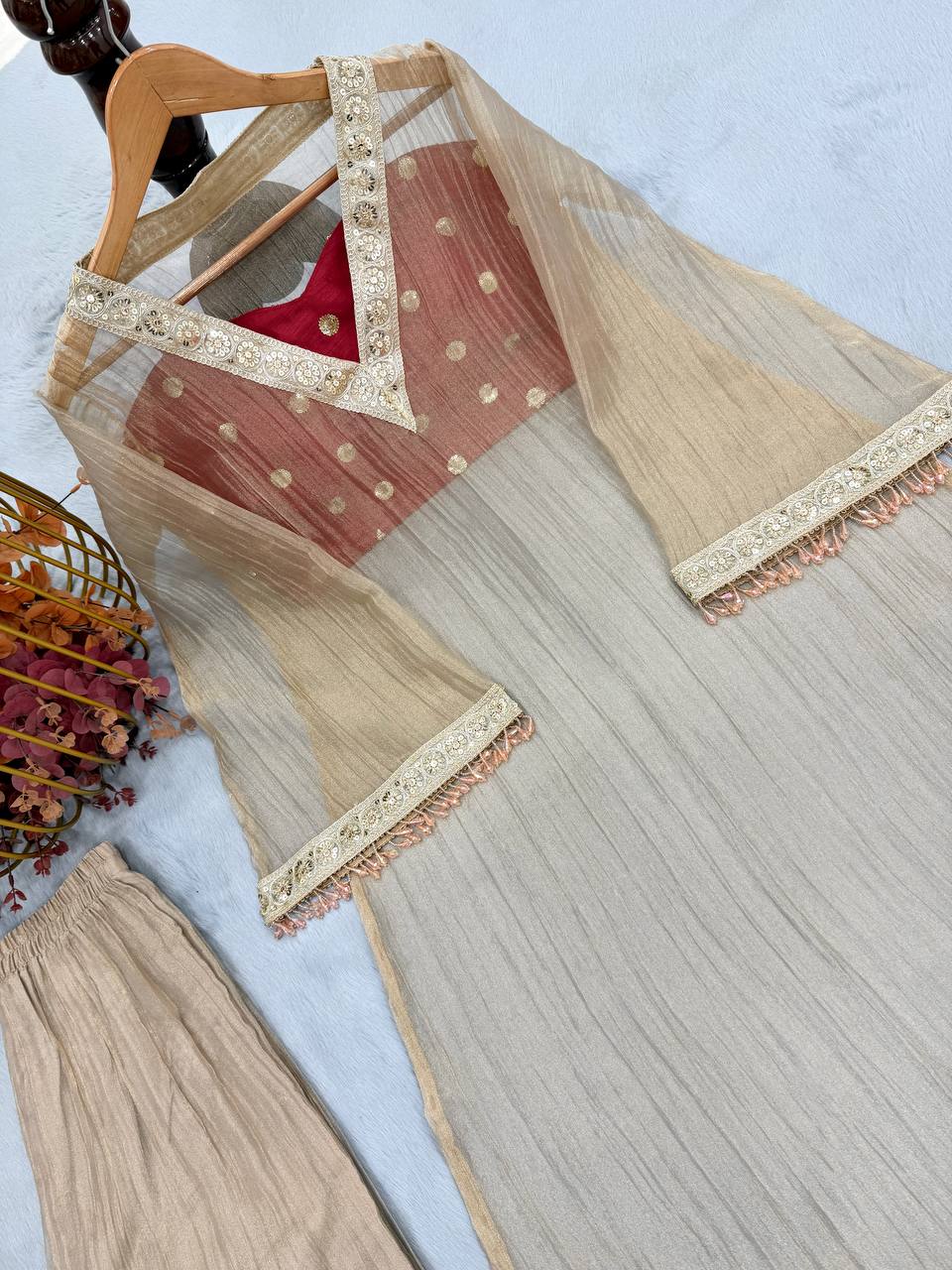 Pure Golden Tissue Embroidery Sequence Kurta Palazzo Set