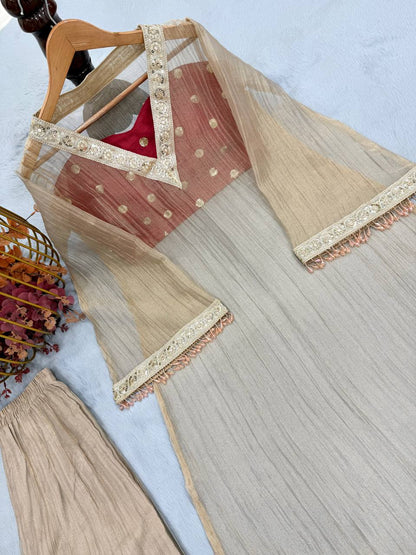 Pure Golden Tissue Embroidery Sequence Kurta Palazzo Set