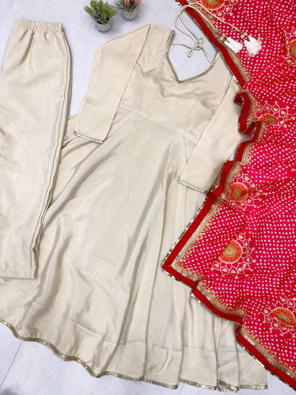 Cream Color Chinon Fabric With Latkan Work Gown