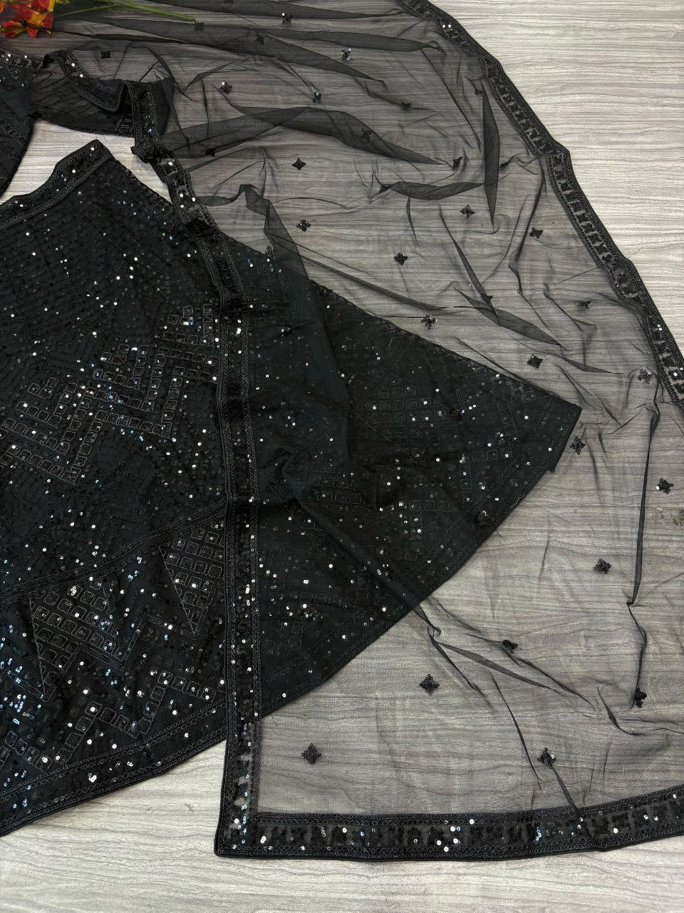 Premium Net Embellished Thread Embroidery Work With Cancan And Canvas Lehenga