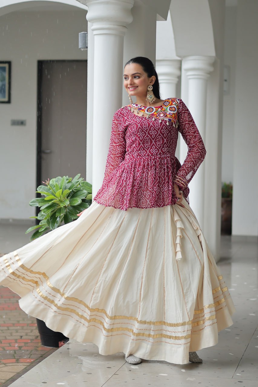 Navratri Special Kora Cotton Attractive Gota Patti Lace Top Lehenga