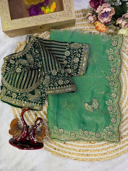 Soft Frendy Satin Sequence Zari Embroidery Designer Saree