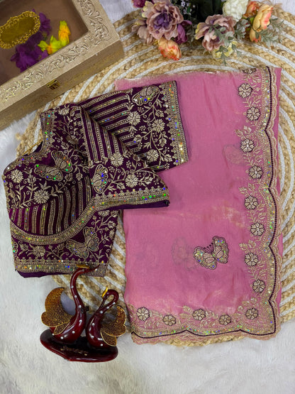 Soft Frendy Satin Sequence Zari Embroidery Designer Saree