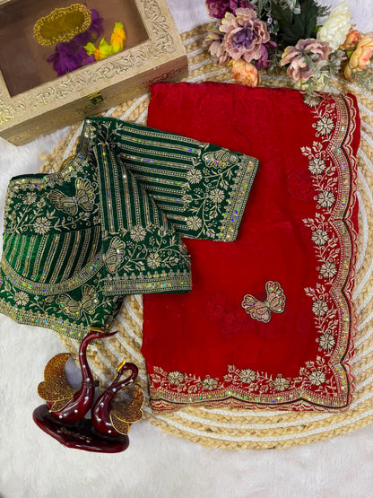 Soft Frendy Satin Sequence Zari Embroidery Designer Saree