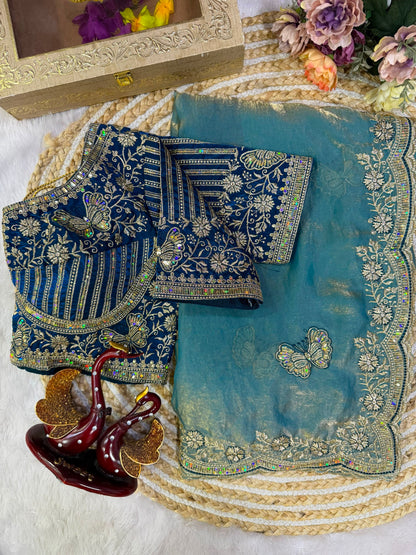 Soft Frendy Satin Sequence Zari Embroidery Designer Saree